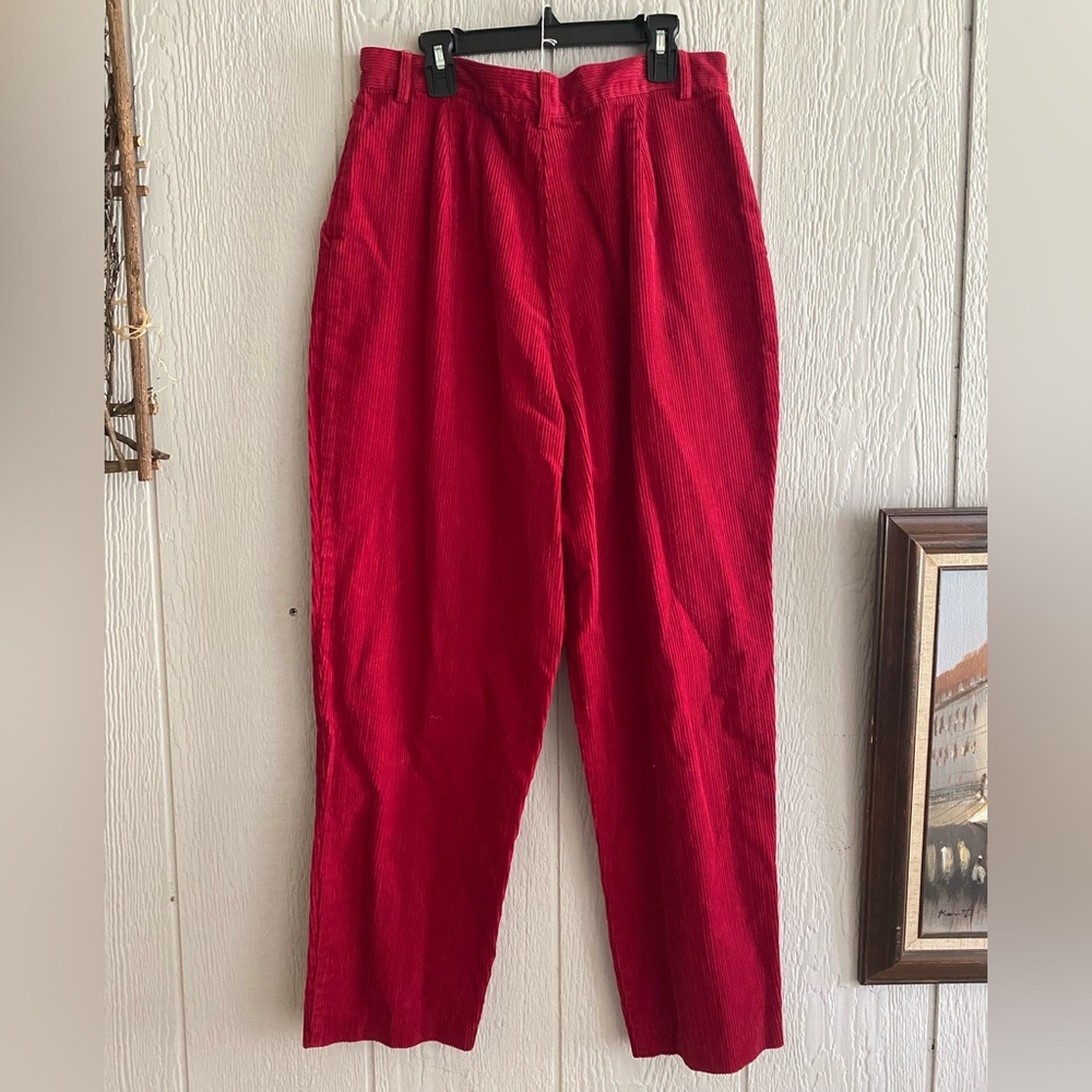 Vintage 80s/90s Women Charter Club Hi-Rise Red Ribbed Corduroy Pleated Pants 12 - Picture 7 of 9